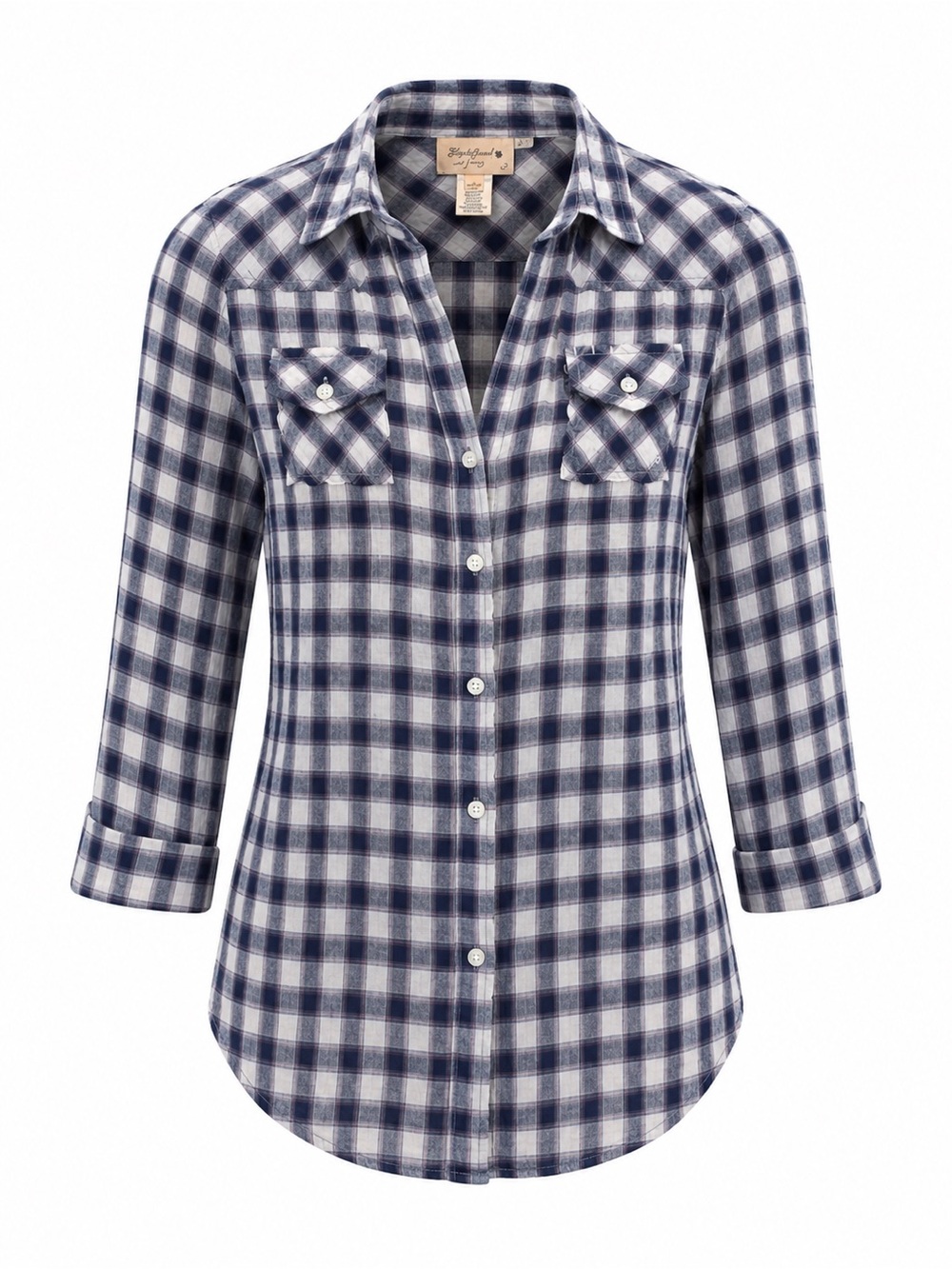 Elizabeth And James Blue Plaid Button-Down Shirt With 3/4 Sleeves & Chest Pocket